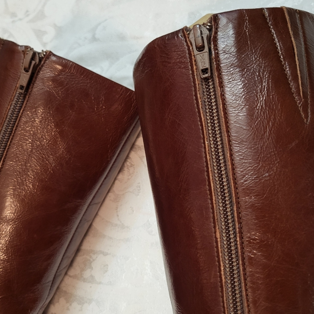 Women's Tall Brown Leather Heeled Boots - Picture 7 of 16